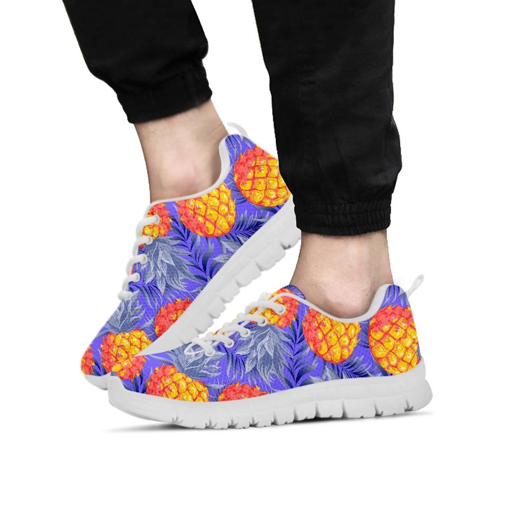 Blue Neon Pineapple Hawaiian Print Men's Sneakers-grizzshop