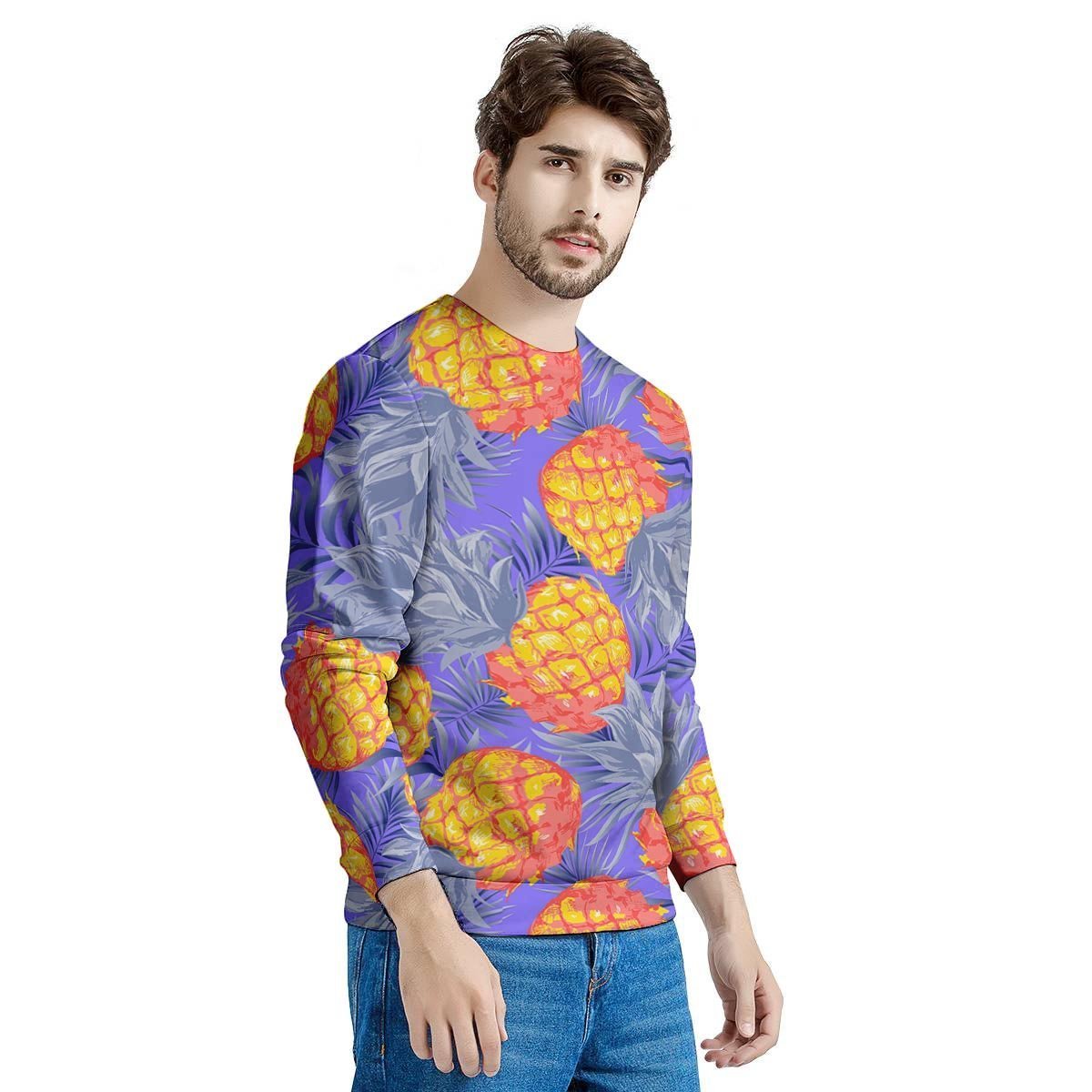 Blue Neon Pineapple Hawaiian Print Men's Sweatshirt-grizzshop