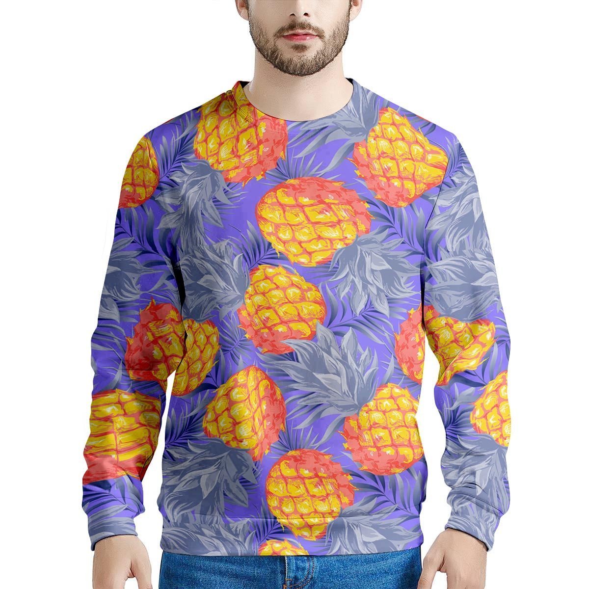 Blue Neon Pineapple Hawaiian Print Men's Sweatshirt-grizzshop