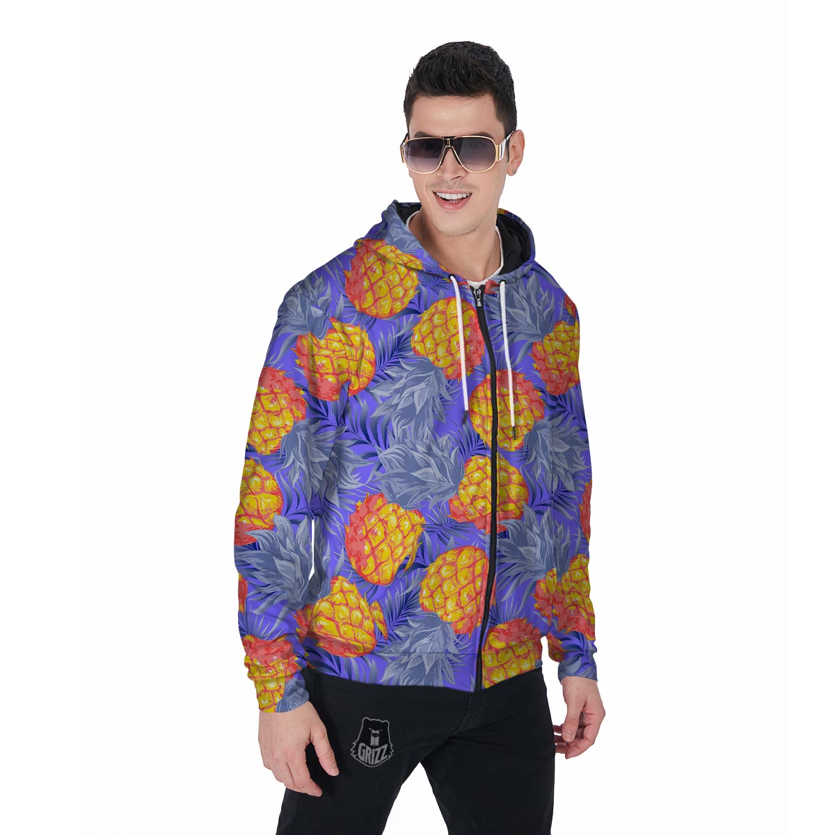 Blue Neon Pineapple Hawaiian Print Men's Zip Up Hoodie-grizzshop