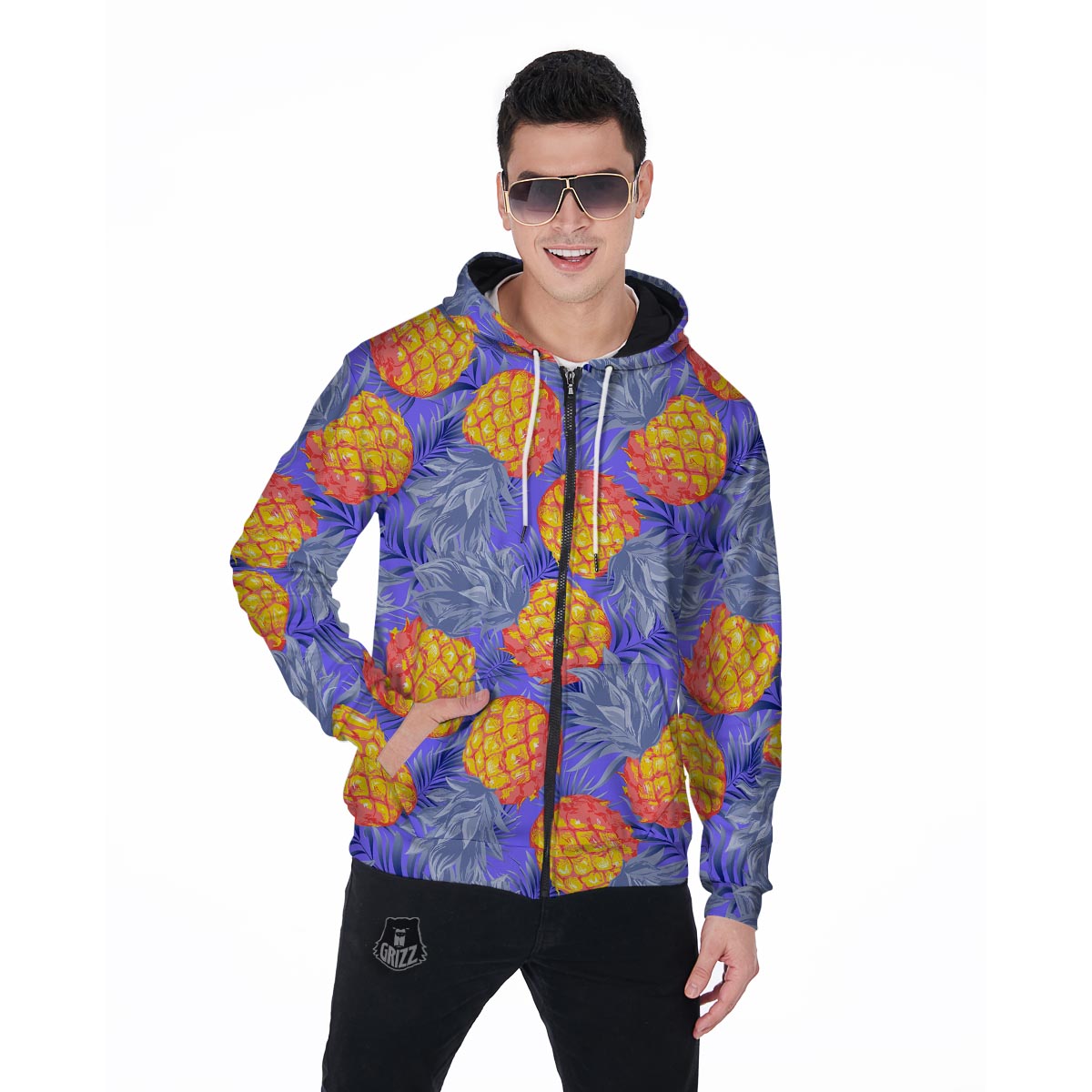 Blue Neon Pineapple Hawaiian Print Men's Zip Up Hoodie-grizzshop
