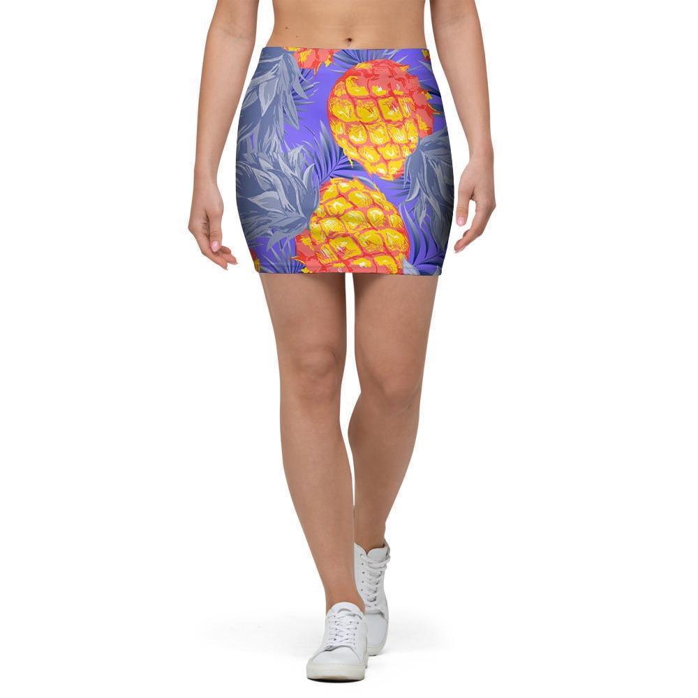 Blue Neon Pineapple Hawaiian Print Mini Skirt-grizzshop