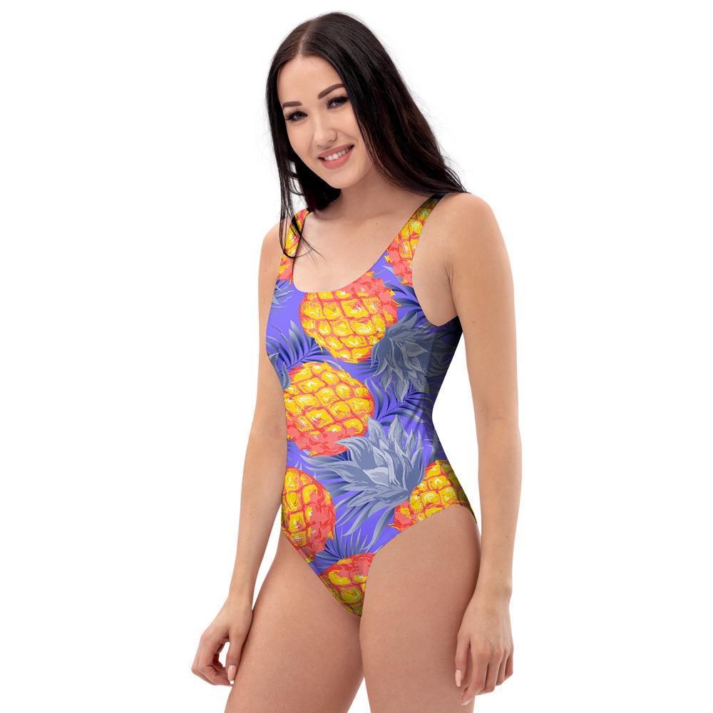 Blue Neon Pineapple Hawaiian Print One Piece Swimsuite-grizzshop