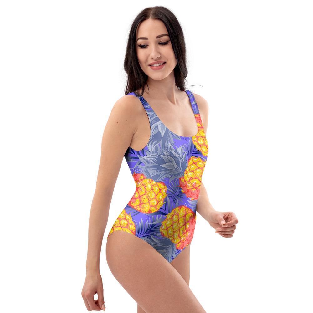 Blue Neon Pineapple Hawaiian Print One Piece Swimsuite-grizzshop