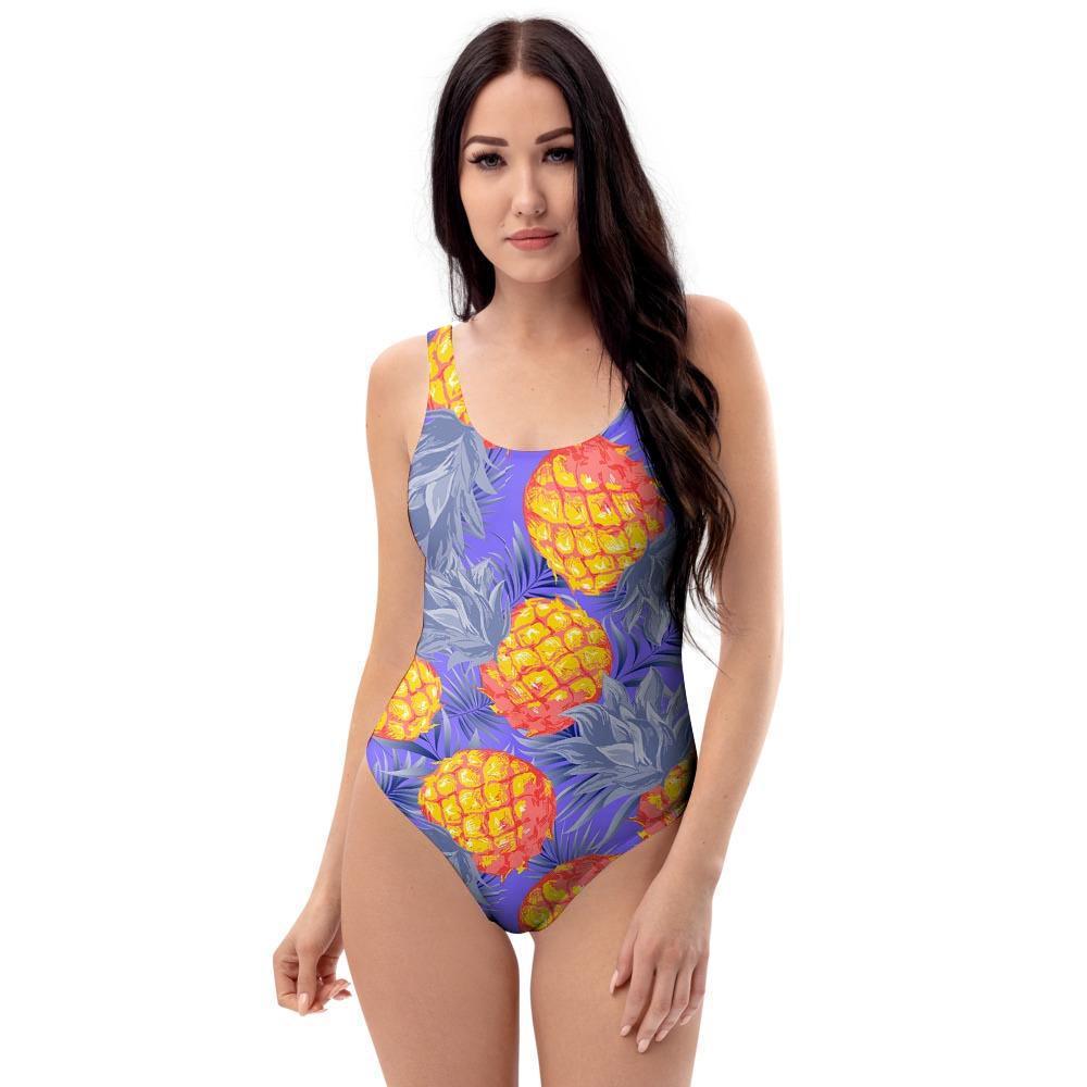 Blue Neon Pineapple Hawaiian Print One Piece Swimsuite-grizzshop