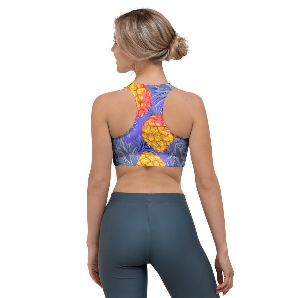 Blue Neon Pineapple Hawaiian Print Sports Bra-grizzshop