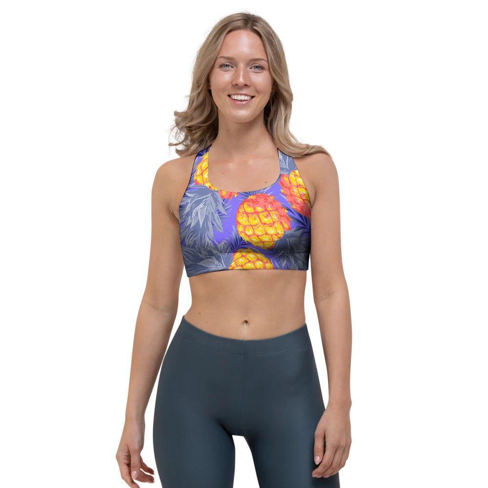 Blue Neon Pineapple Hawaiian Print Sports Bra-grizzshop