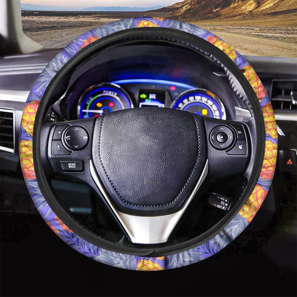 Blue Neon Pineapple Hawaiian Print Steering Wheel Cover-grizzshop