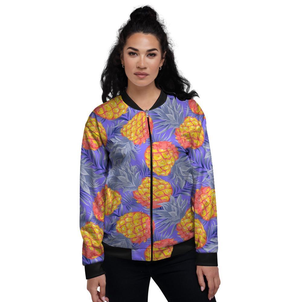 Blue Neon Pineapple Hawaiian Print Women's Bomber Jacket-grizzshop