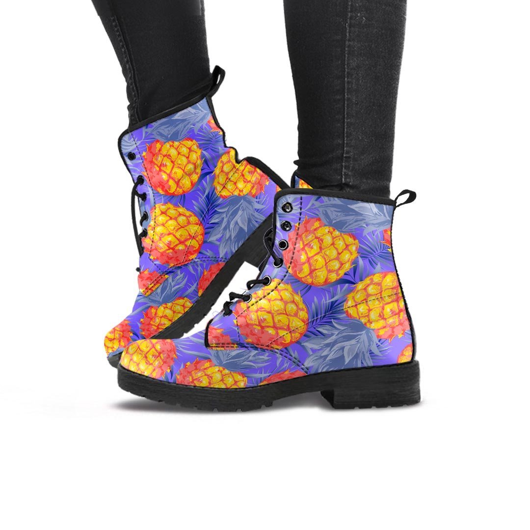 Blue Neon Pineapple Hawaiian Print Women's Boots-grizzshop