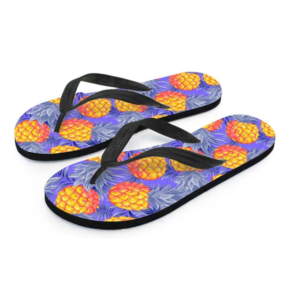Blue Neon Pineapple Hawaiian Print Women's Flip Flops-grizzshop