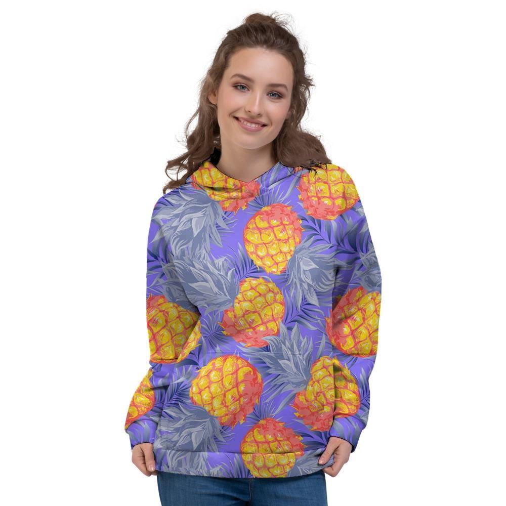 Blue Neon Pineapple Hawaiian Print Women's Hoodie-grizzshop