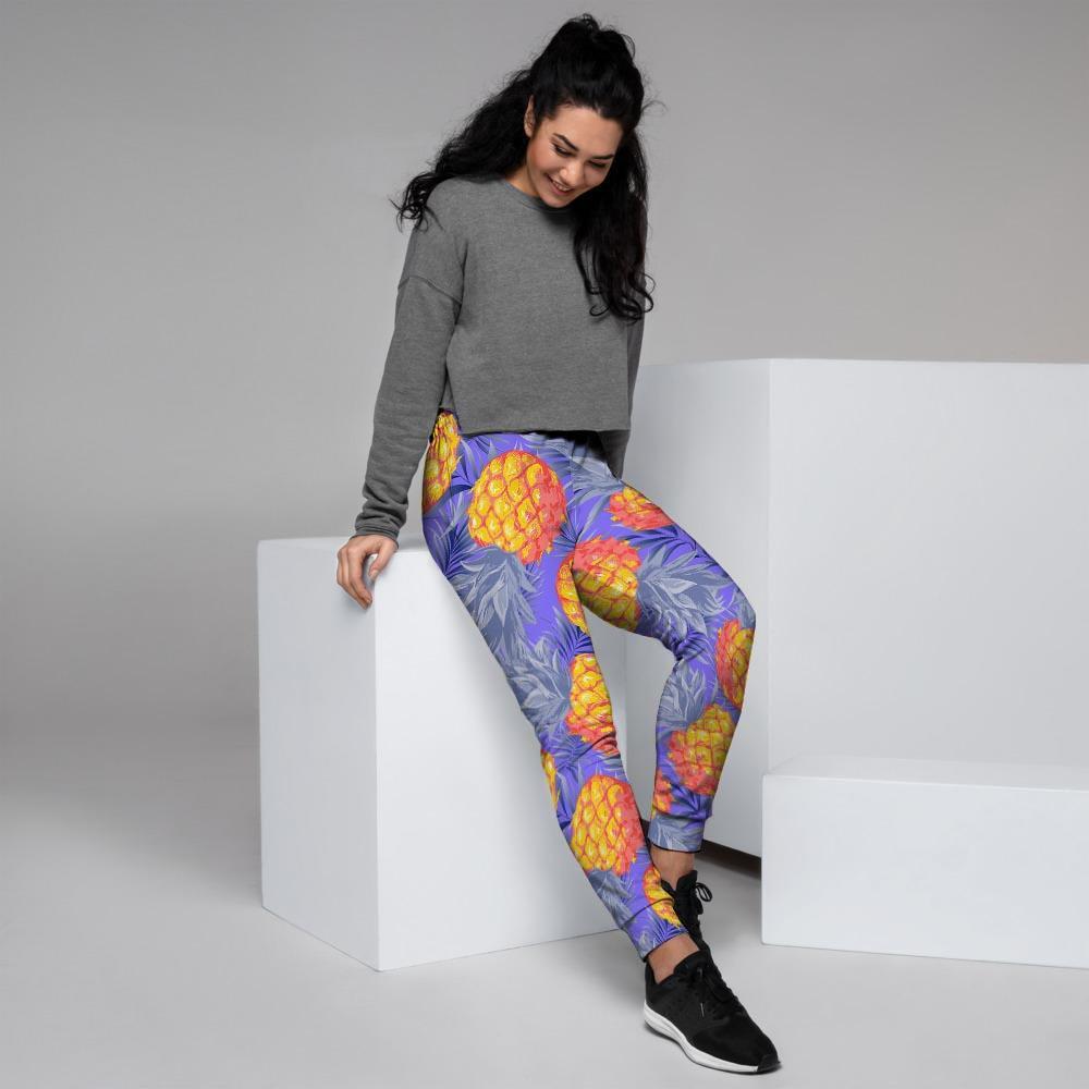 Blue Neon Pineapple Hawaiian Print Women's Joggers-grizzshop