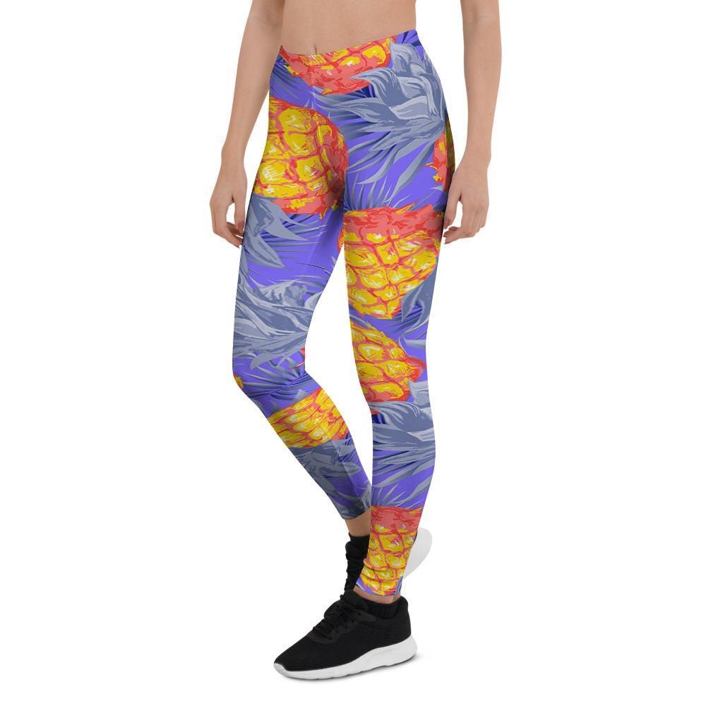 Blue Neon Pineapple Hawaiian Print Women's Leggings-grizzshop