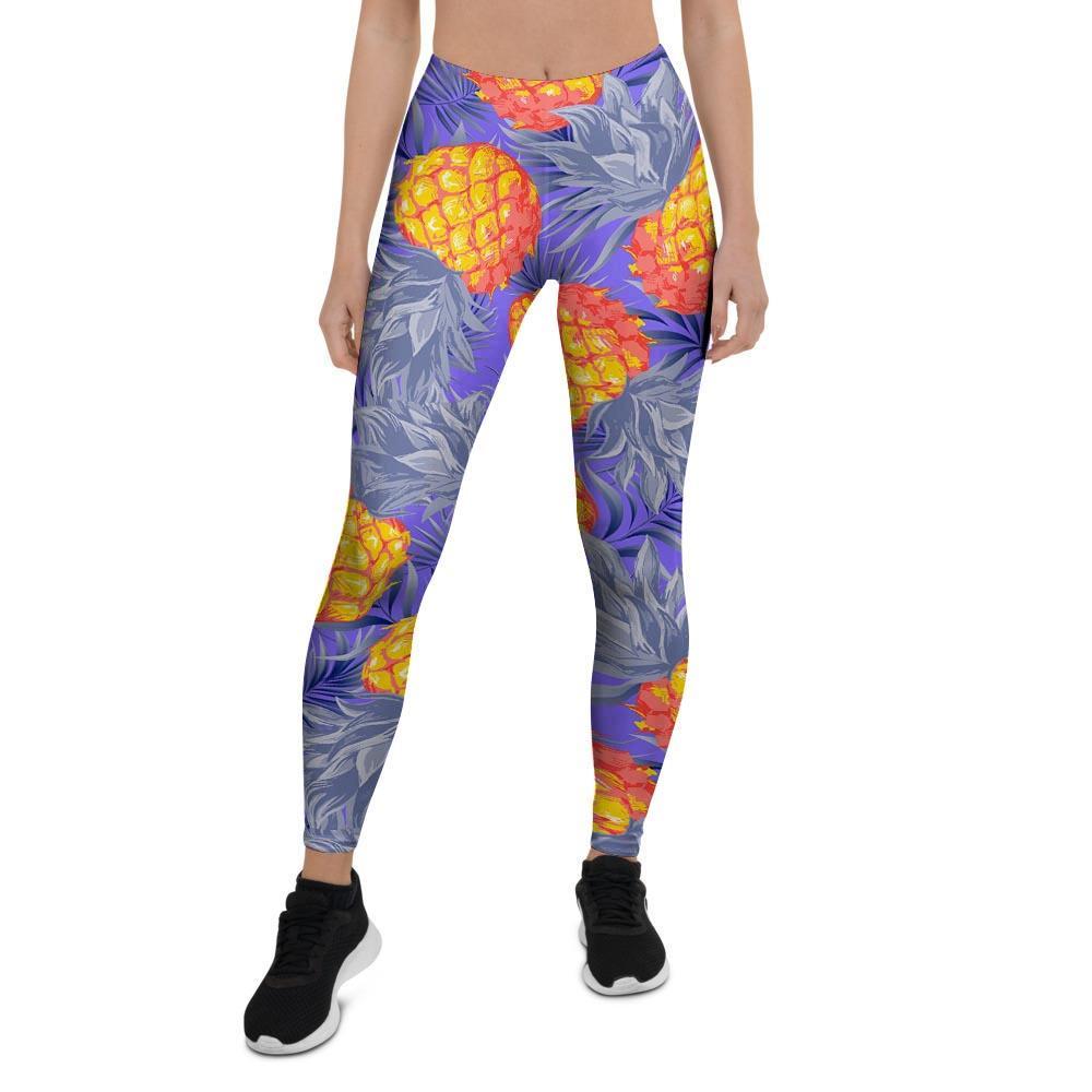 Blue Neon Pineapple Hawaiian Print Women's Leggings-grizzshop