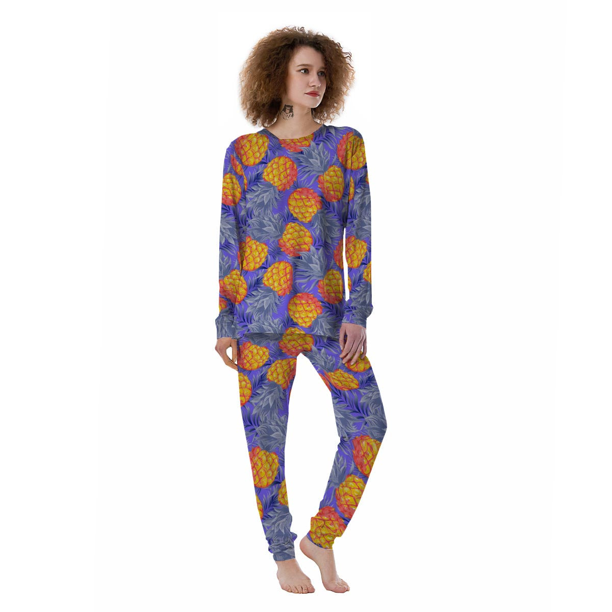 Blue Neon Pineapple Hawaiian Print Women's Pajamas-grizzshop