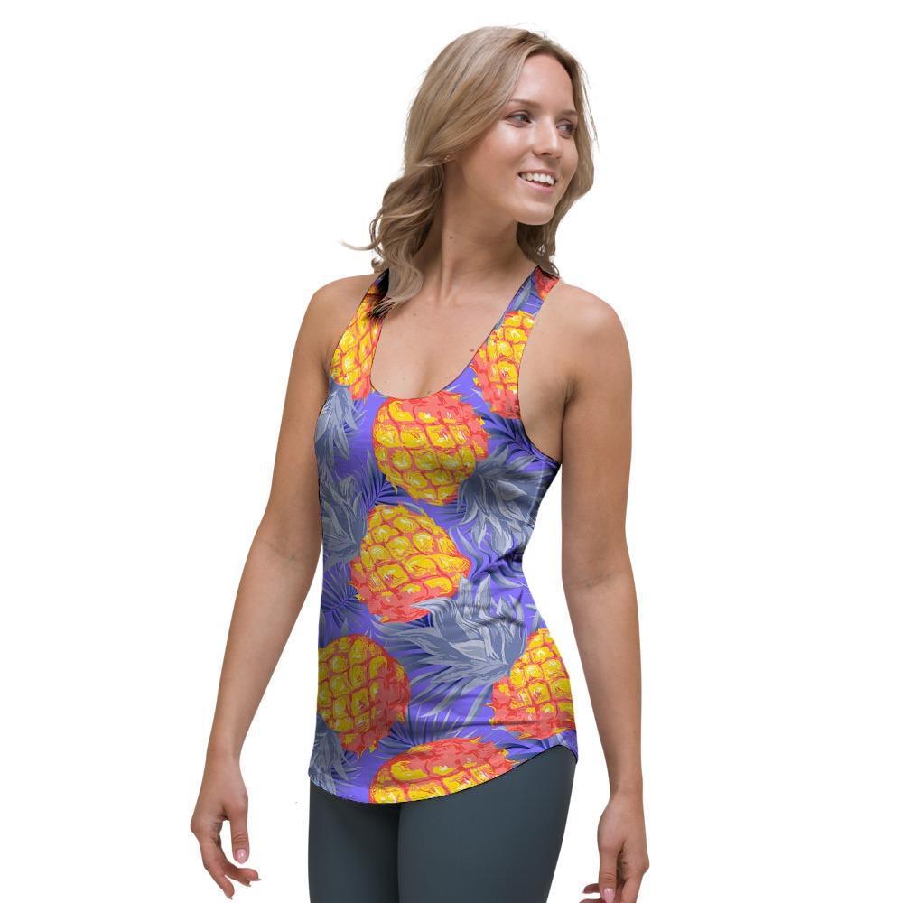 Blue Neon Pineapple Hawaiian Print Women's Racerback Tank Top-grizzshop
