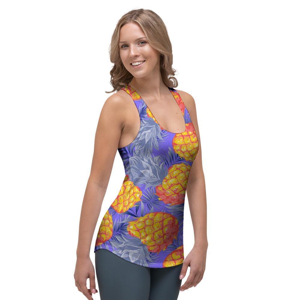 Blue Neon Pineapple Hawaiian Print Women's Racerback Tank Top-grizzshop