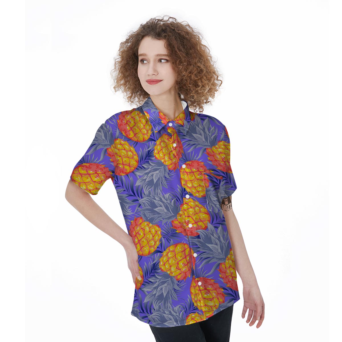 Blue Neon Pineapple Hawaiian Print Women's Short Sleeve Shirts-grizzshop