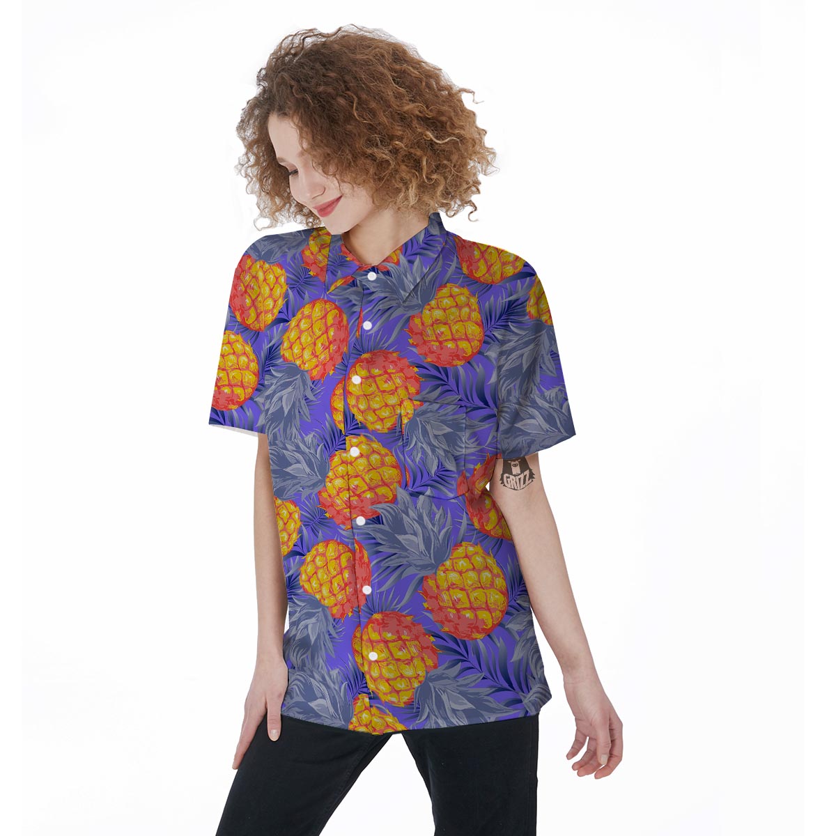 Blue Neon Pineapple Hawaiian Print Women's Short Sleeve Shirts-grizzshop