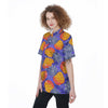 Blue Neon Pineapple Hawaiian Print Women's Short Sleeve Shirts-grizzshop