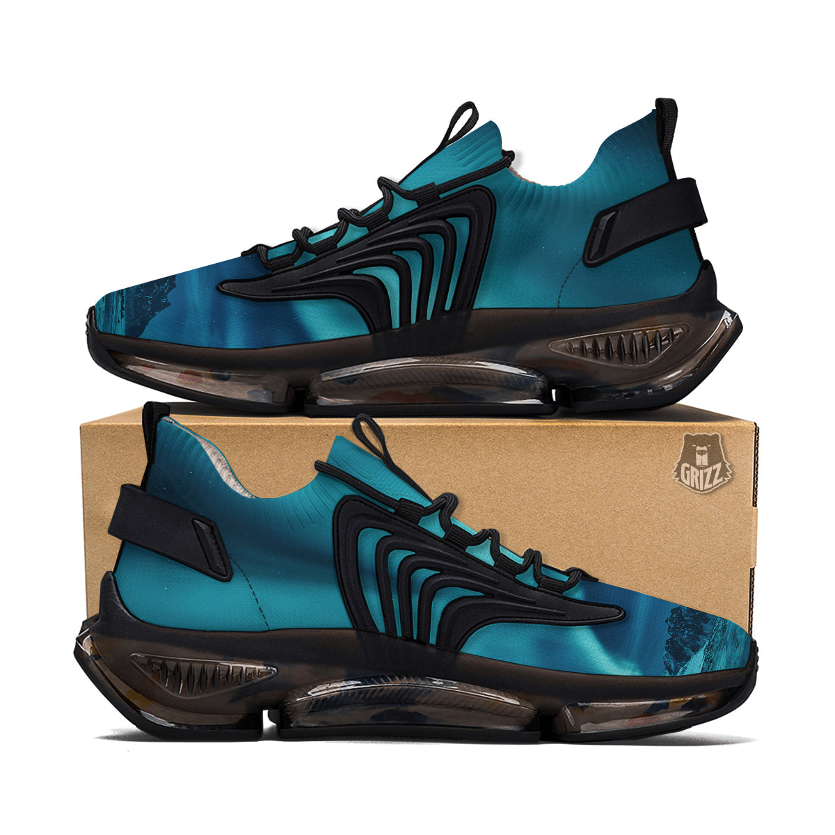 Blue Northern Lights And Mountain Print Black Gym Shoes-grizzshop