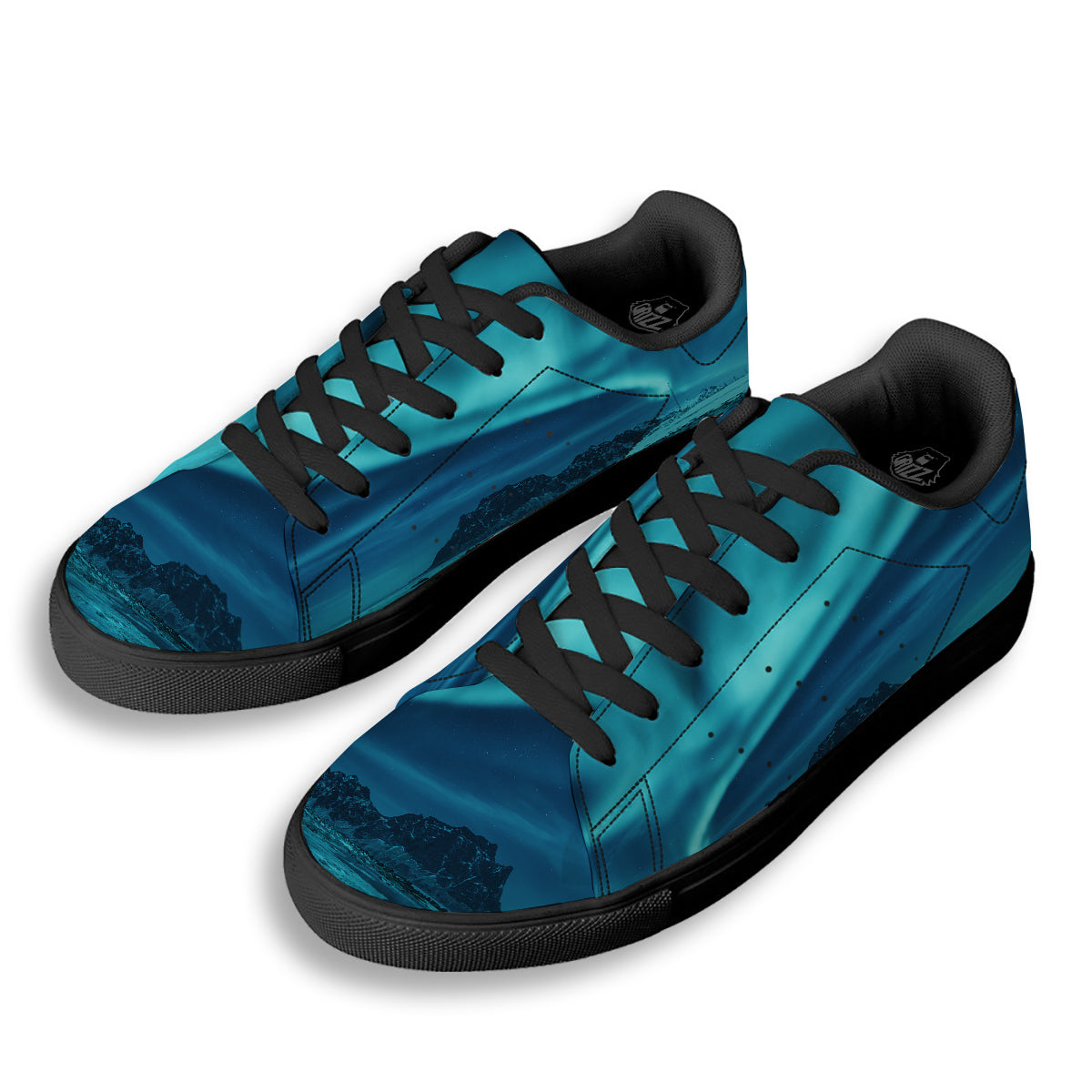 Blue Northern Lights And Mountain Print Black Low Top Sneakers-grizzshop