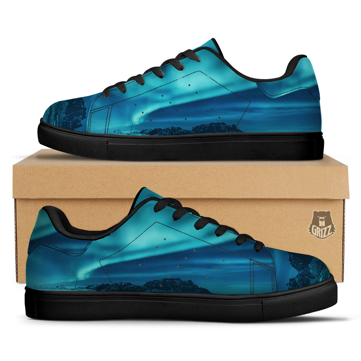 Blue Northern Lights And Mountain Print Black Low Top Sneakers-grizzshop