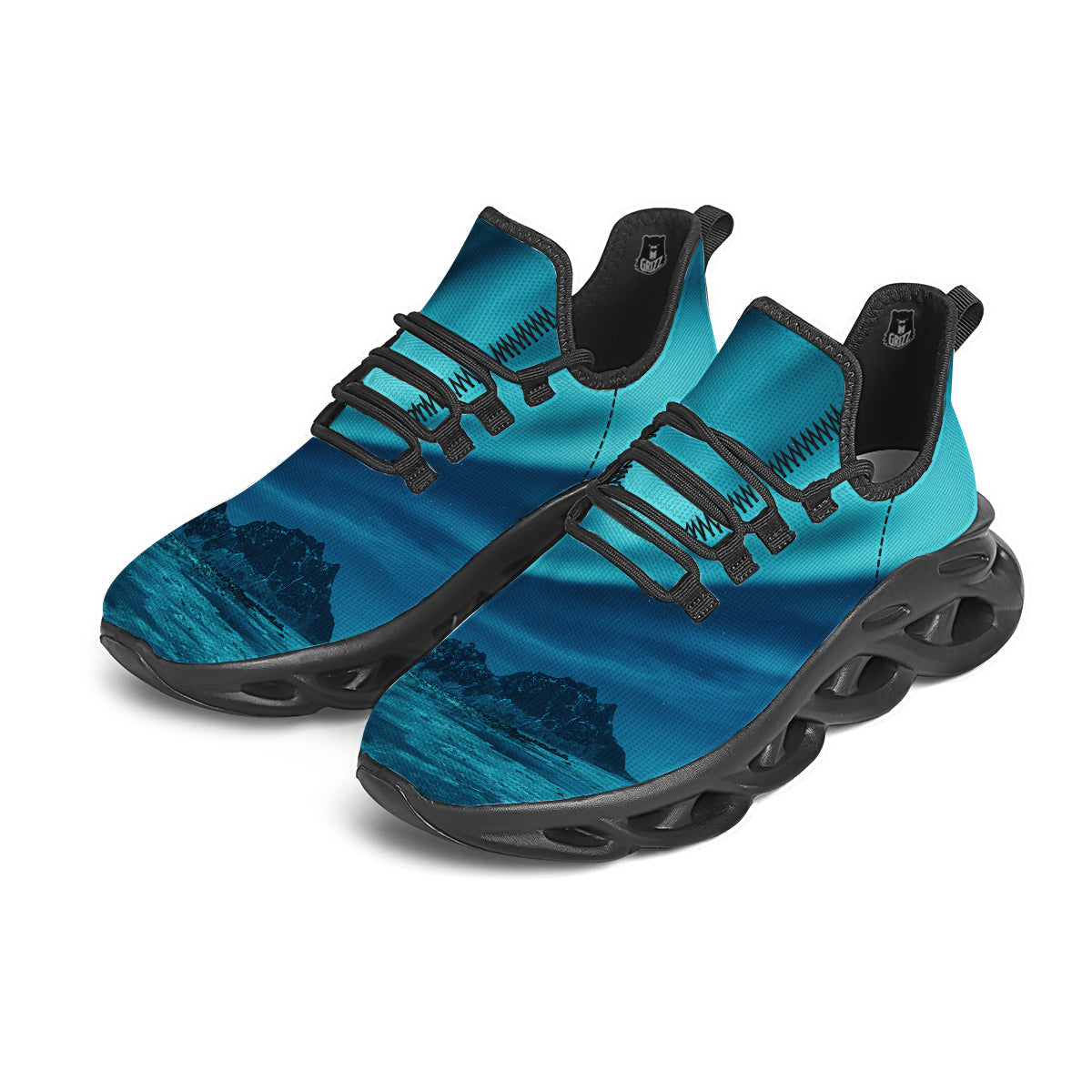 Blue Northern Lights And Mountain Print Black Running Shoes-grizzshop