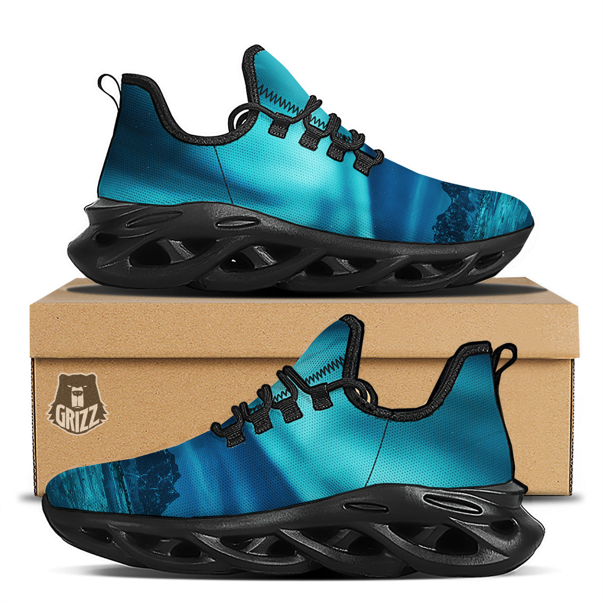 Blue Northern Lights And Mountain Print Black Running Shoes-grizzshop