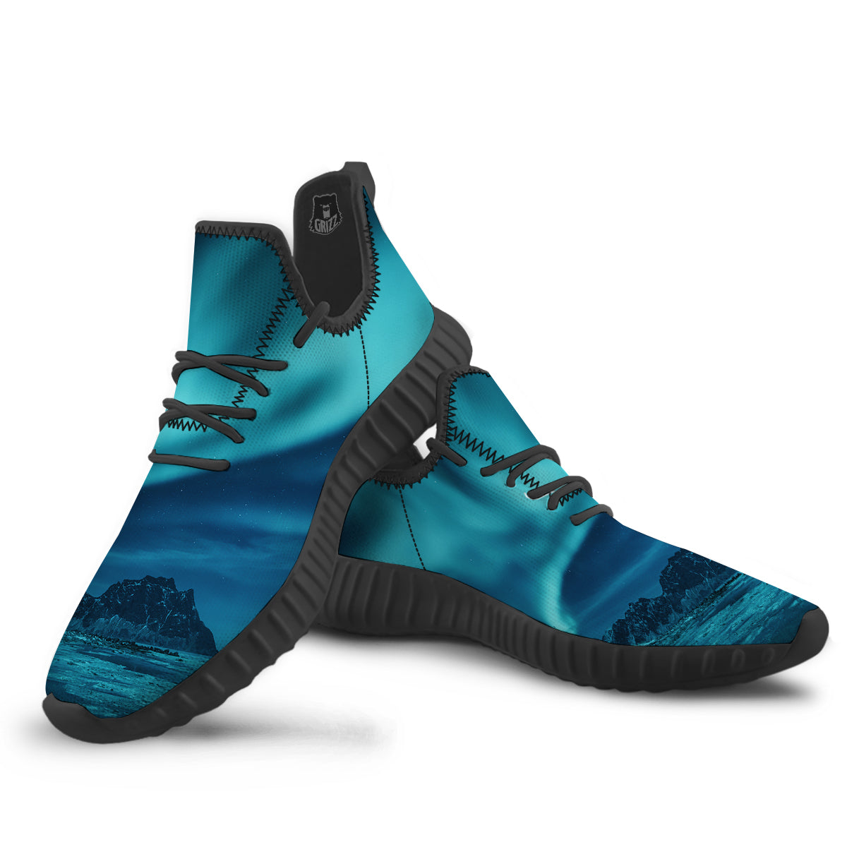 Blue Northern Lights And Mountain Print Black Walking Shoes-grizzshop