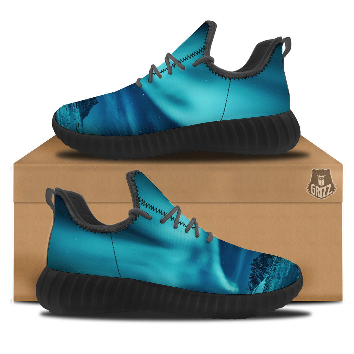 Blue Northern Lights And Mountain Print Black Walking Shoes-grizzshop