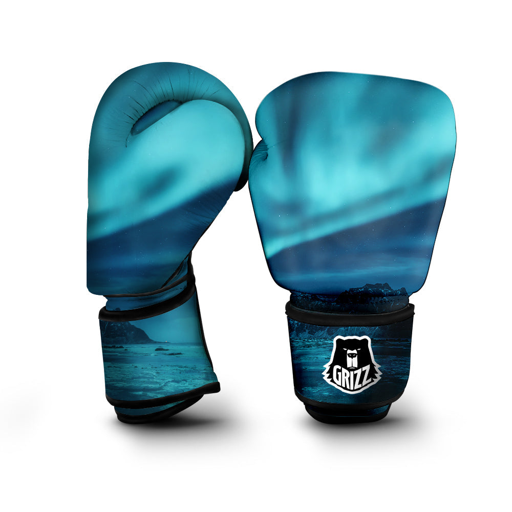 Blue Northern Lights And Mountain Print Boxing Gloves-grizzshop
