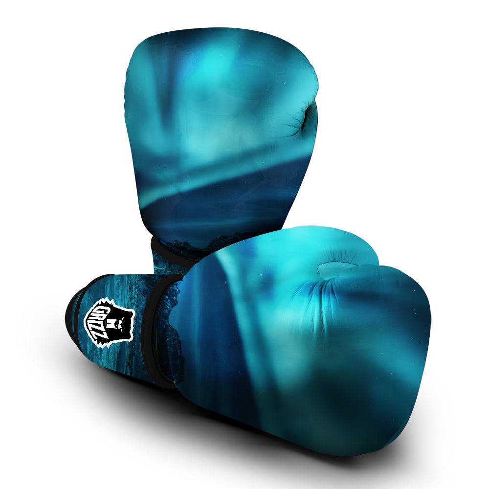 Blue Northern Lights And Mountain Print Boxing Gloves-grizzshop