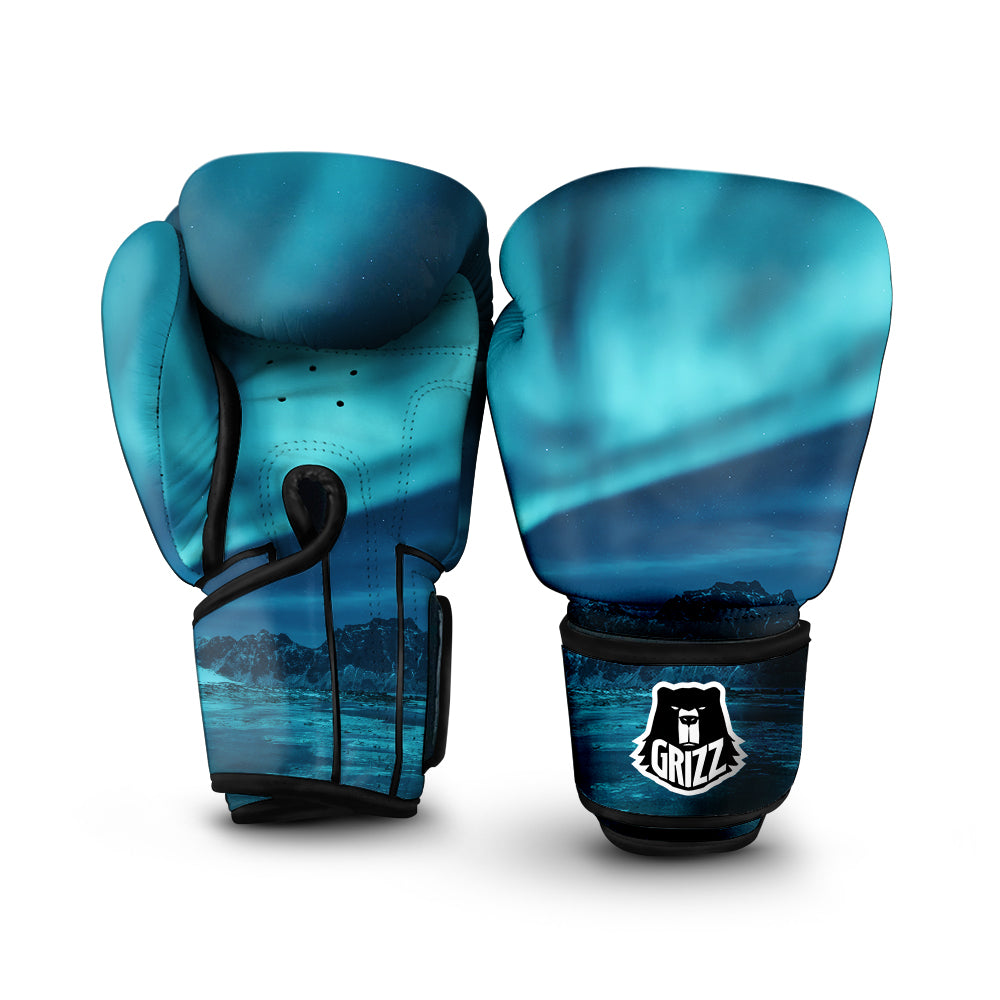 Blue Northern Lights And Mountain Print Boxing Gloves-grizzshop