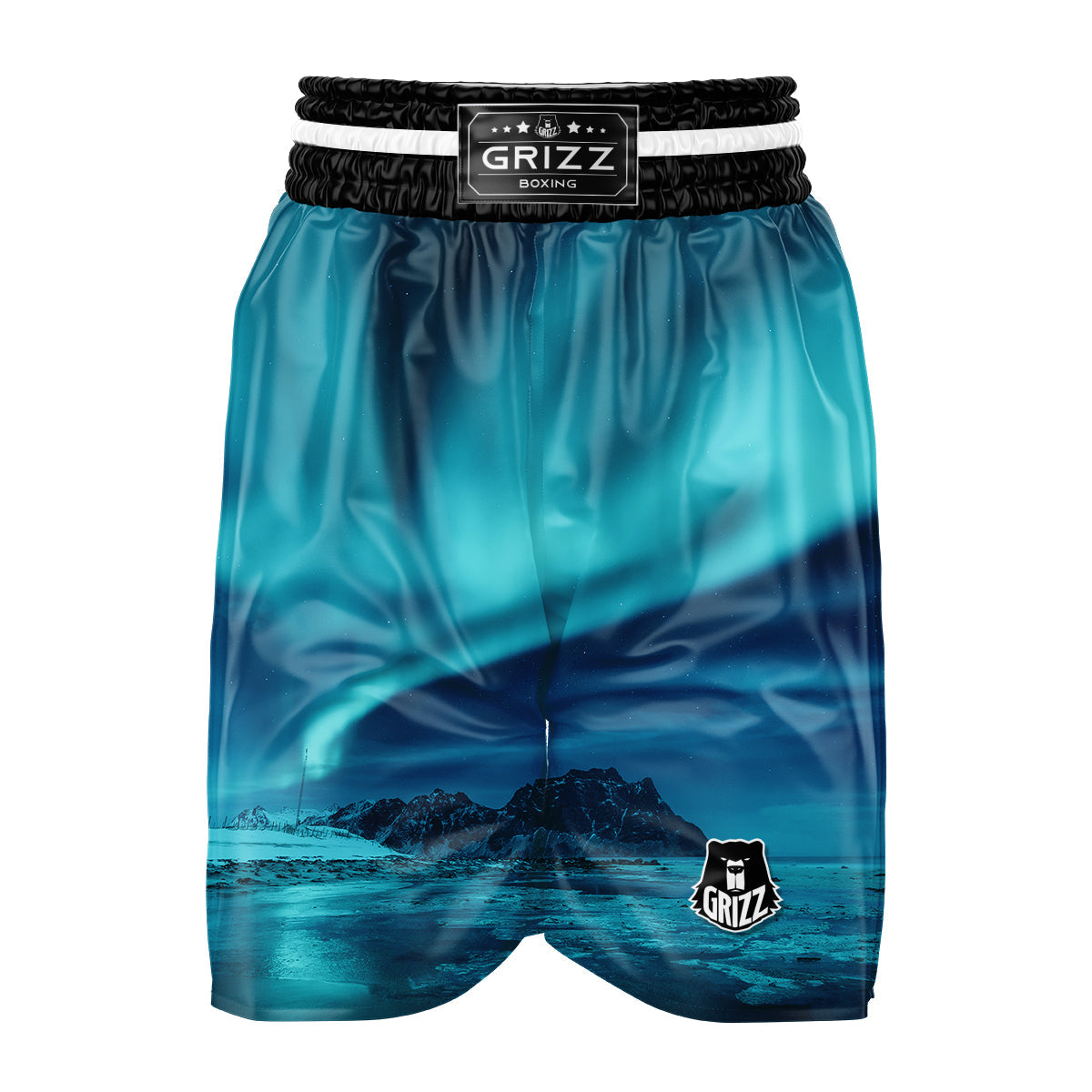Blue Northern Lights And Mountain Print Boxing Shorts-grizzshop
