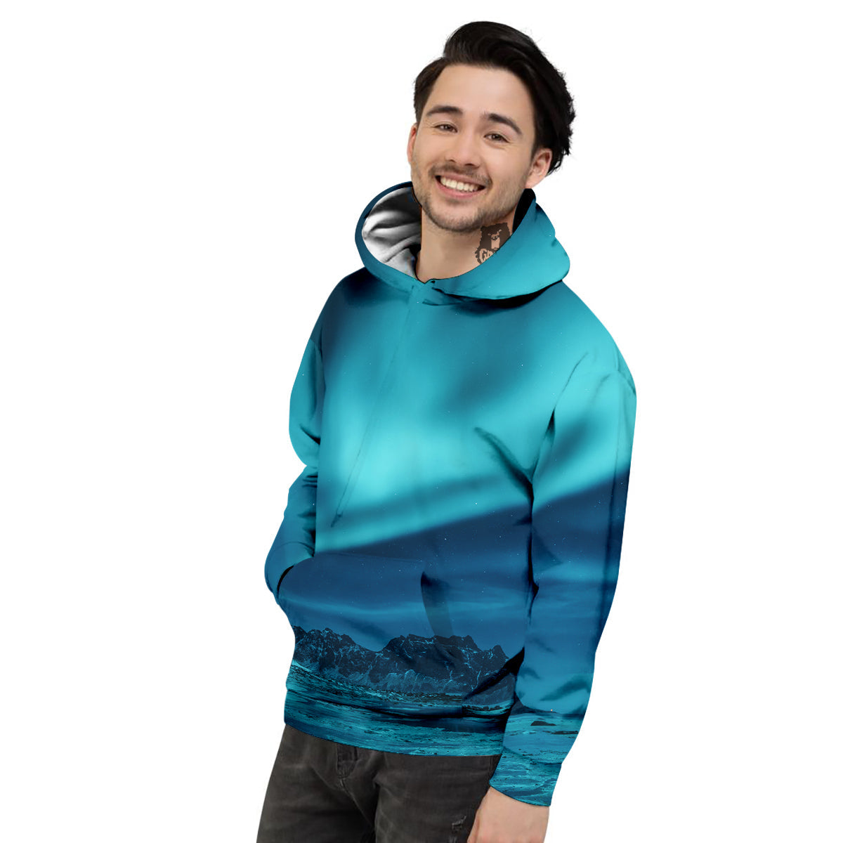 Blue Northern Lights And Mountain Print Men's Hoodie-grizzshop