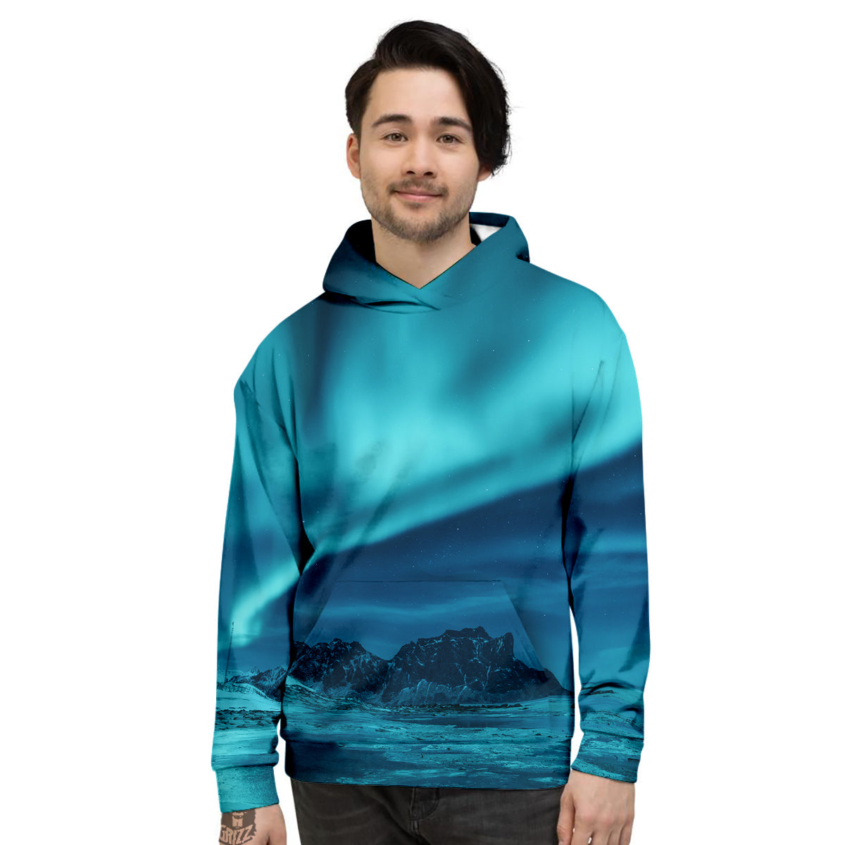 Blue Northern Lights And Mountain Print Men's Hoodie-grizzshop