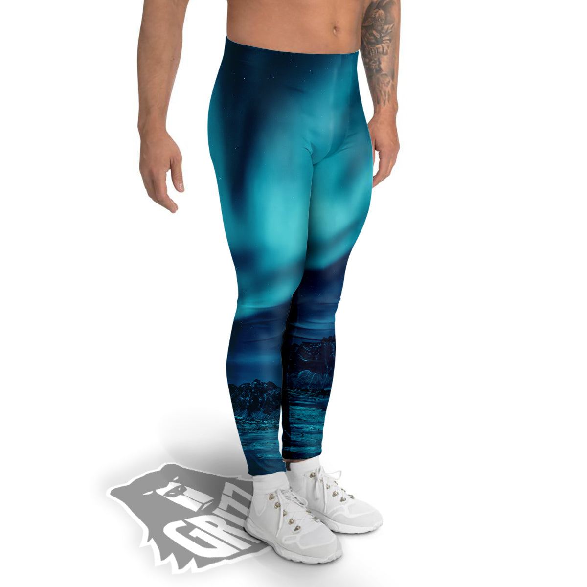 Blue Northern Lights And Mountain Print Men's Leggings-grizzshop