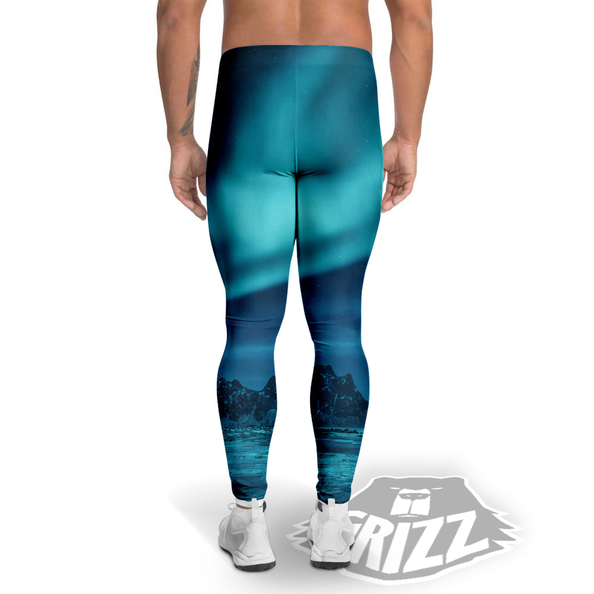 Blue Northern Lights And Mountain Print Men's Leggings-grizzshop