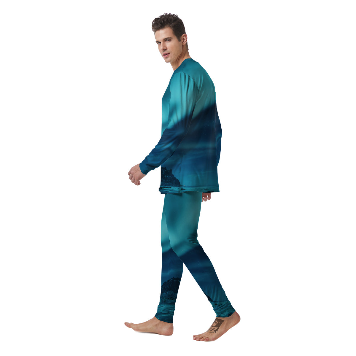 Blue Northern Lights And Mountain Print Men's Pajamas-grizzshop