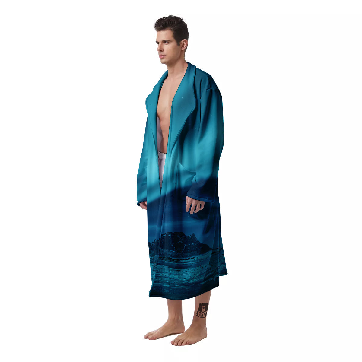 Blue Northern Lights And Mountain Print Men's Robe-grizzshop