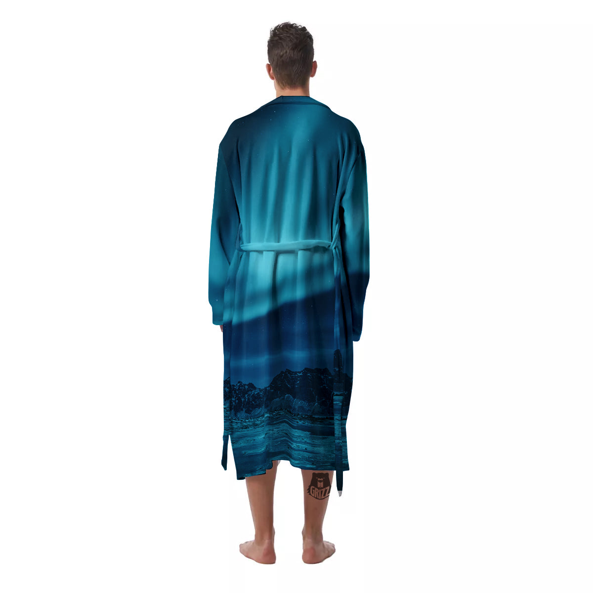Blue Northern Lights And Mountain Print Men's Robe-grizzshop