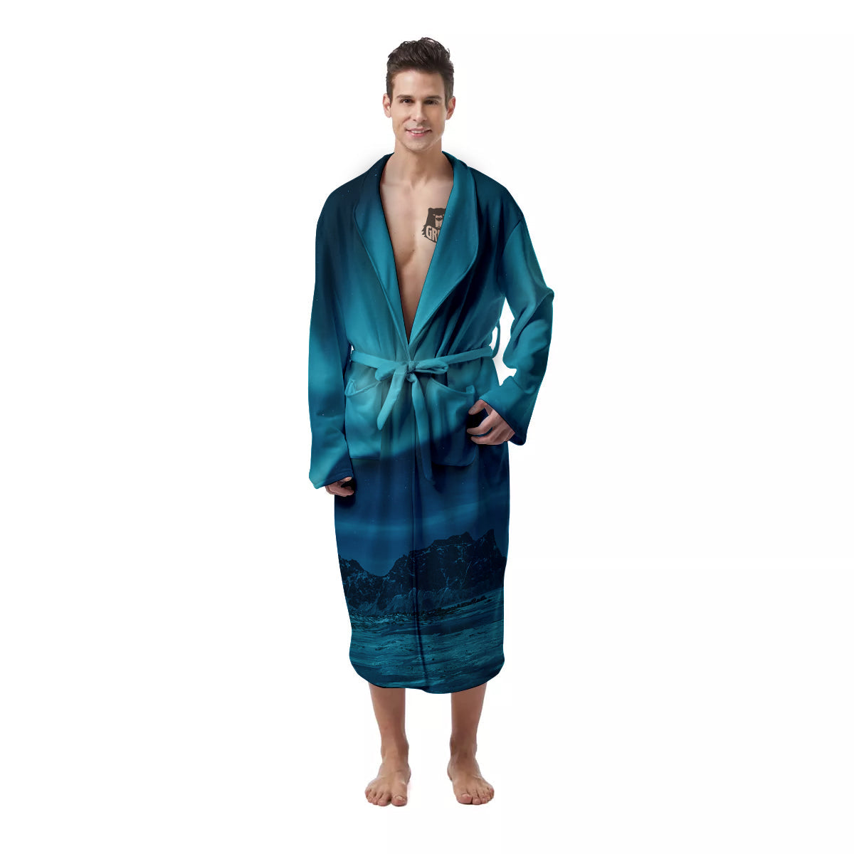 Blue Northern Lights And Mountain Print Men's Robe-grizzshop