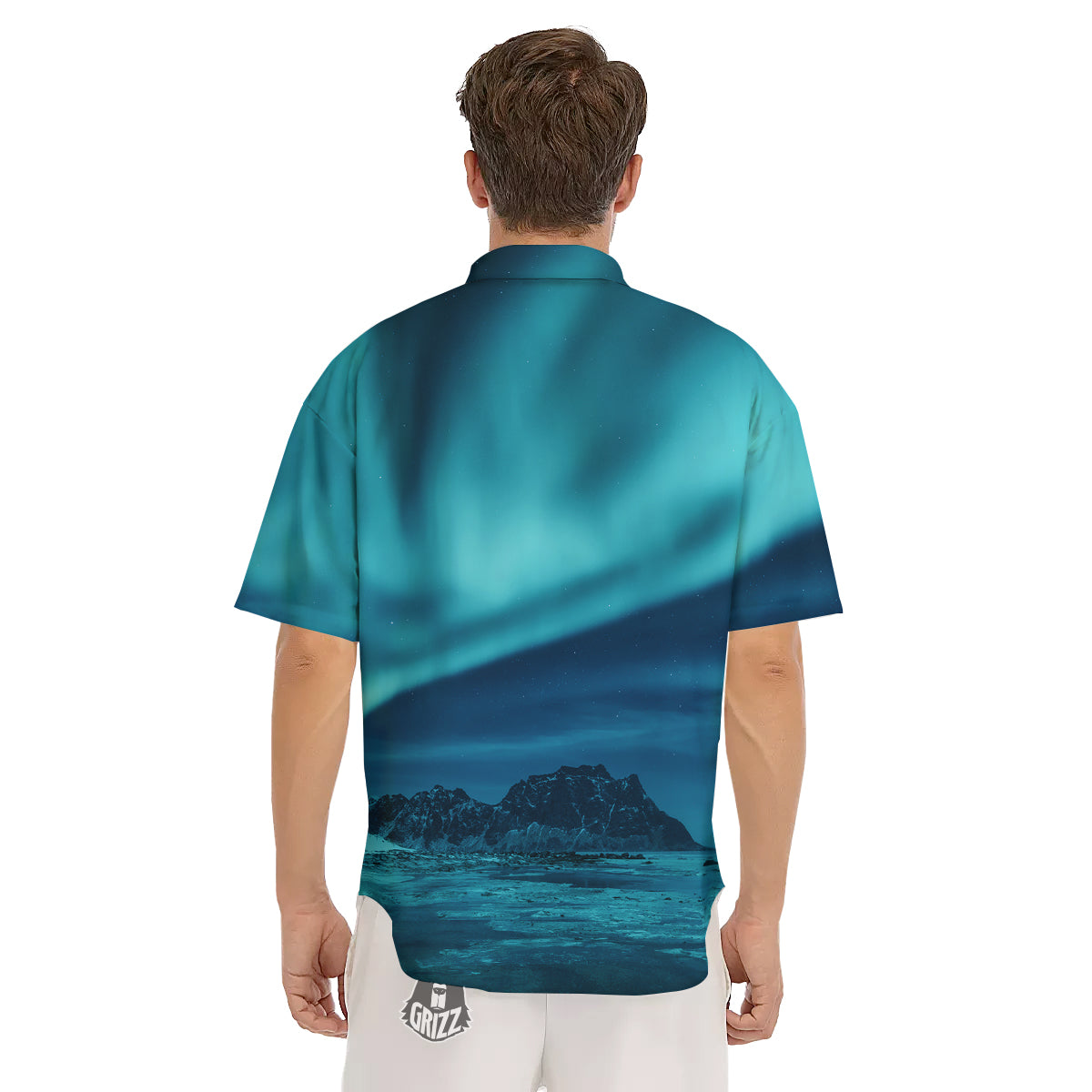 Blue Northern Lights And Mountain Print Men's Short Sleeve Shirts-grizzshop