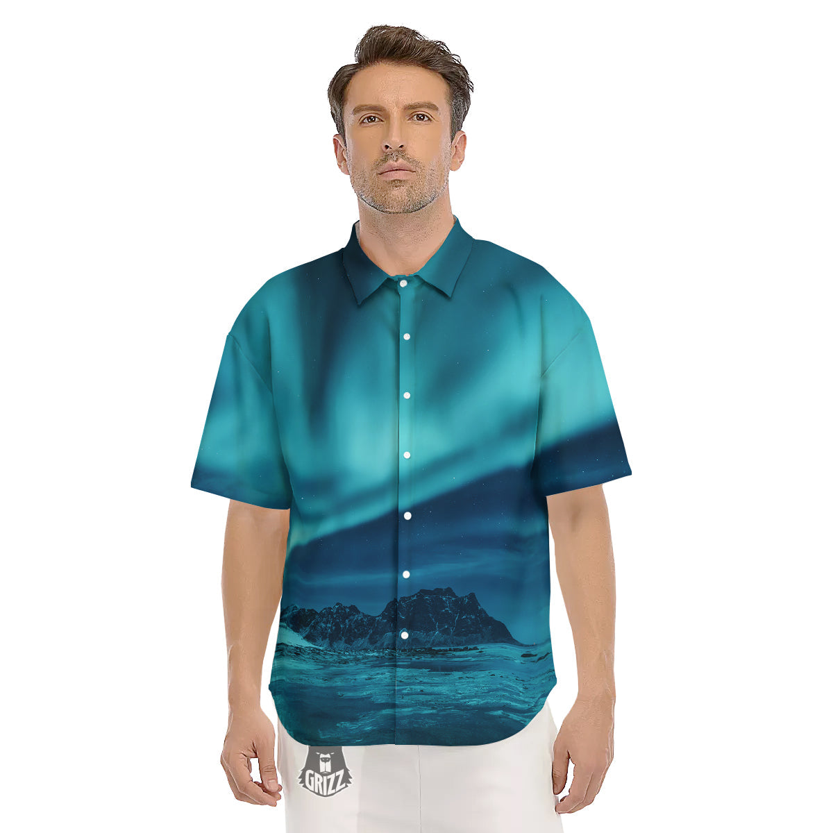 Blue Northern Lights And Mountain Print Men's Short Sleeve Shirts-grizzshop