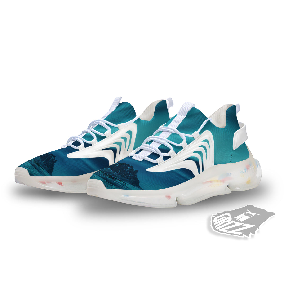 Blue Northern Lights And Mountain Print White Gym Shoes-grizzshop