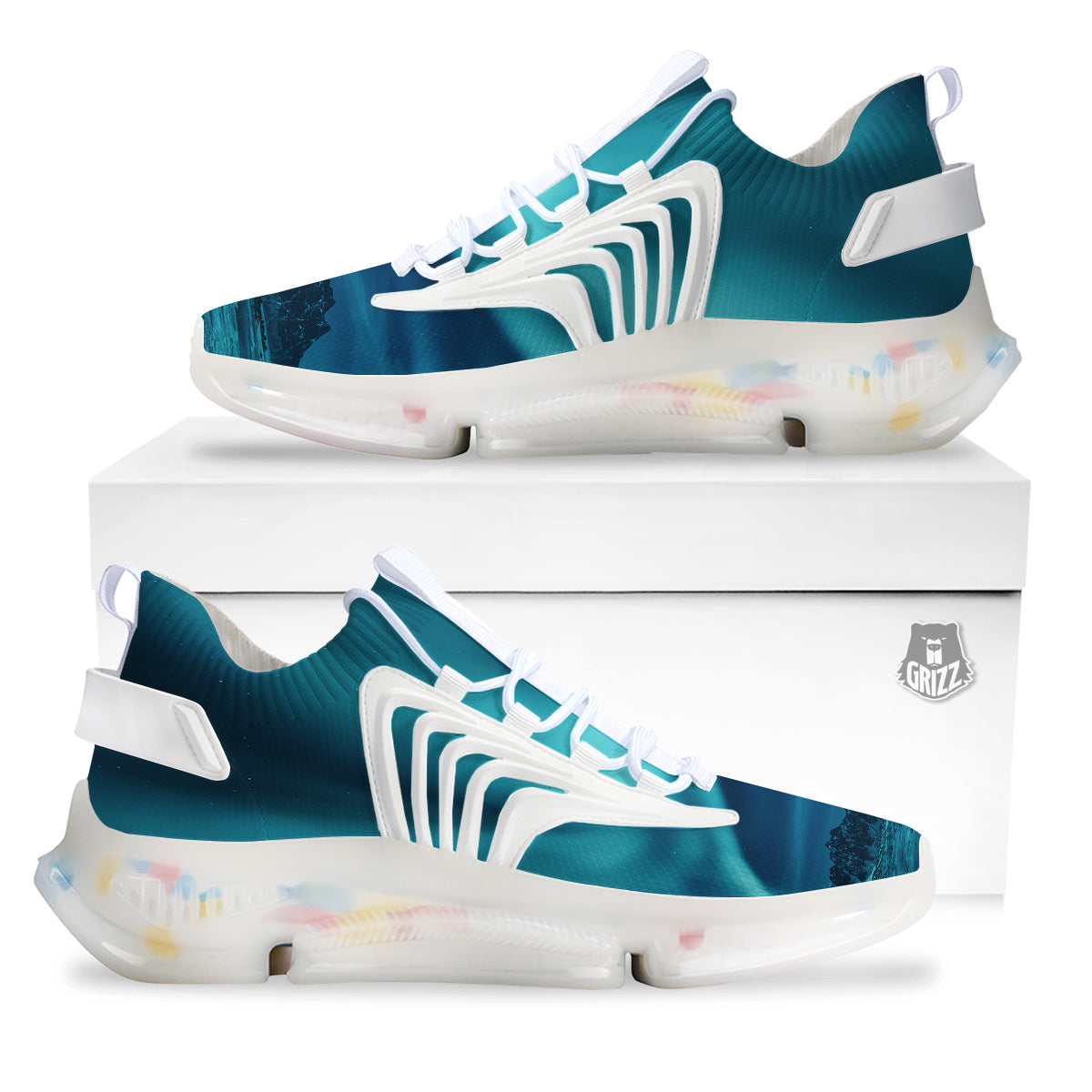 Blue Northern Lights And Mountain Print White Gym Shoes-grizzshop