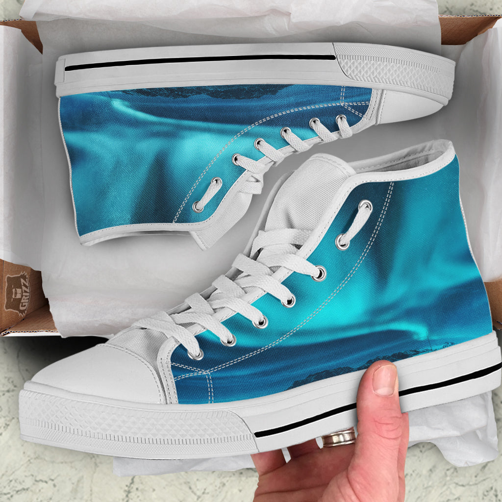 Blue Northern Lights And Mountain Print White High Top Shoes-grizzshop