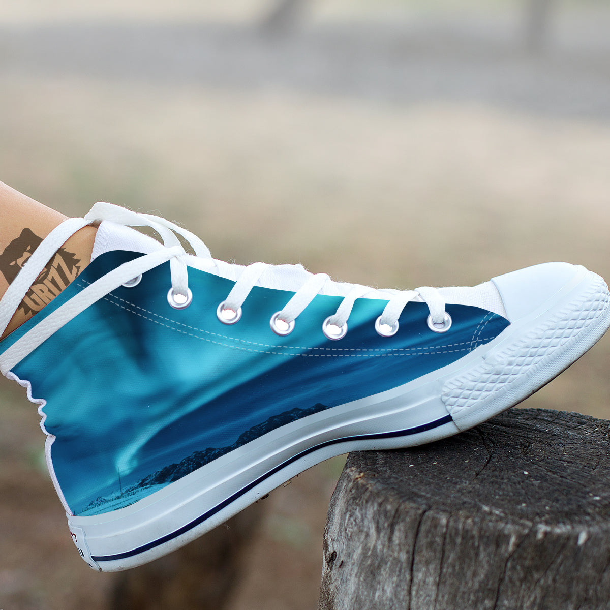 Blue Northern Lights And Mountain Print White High Top Shoes-grizzshop